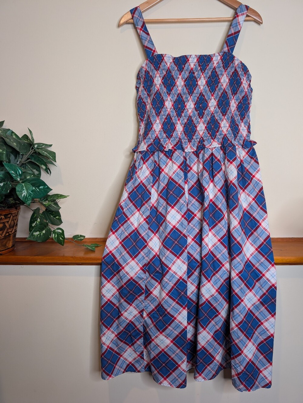 NWT Old Navy Plaid Smocked Sundress L Red White Blue Tie Strap Cotton Pockets
